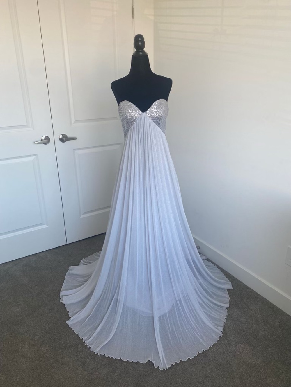 La Femme Silver/White Strapless Asymmetrical Gown with Sequin Bodice